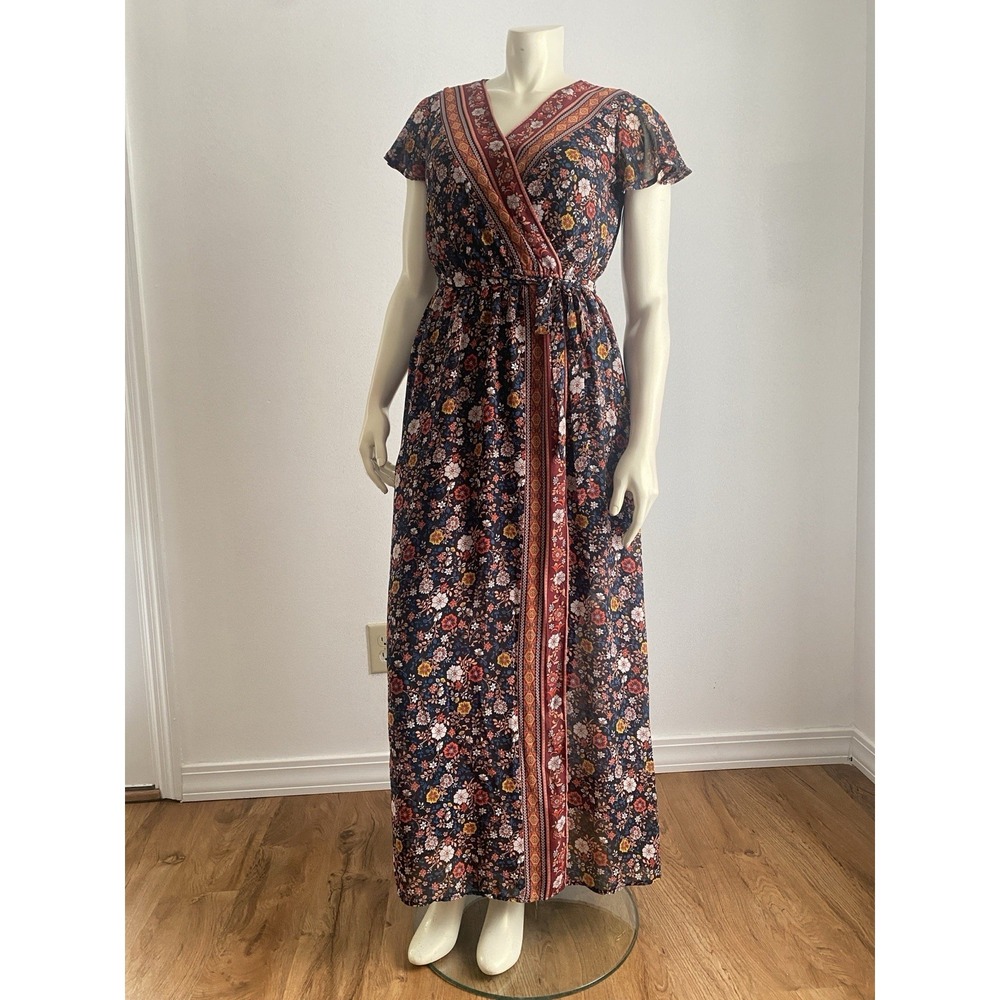Xhilaration Dress Maxi Faux Wrap Boho/ Navy Abstract Print W/ Belt Large - Picture 6 of 9